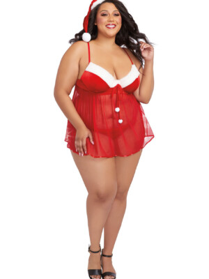 santa babydoll, thong and hat 1x lipstick red