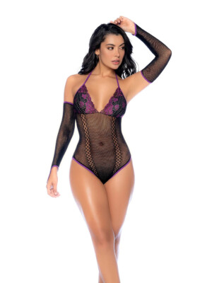 whispered lace fishnet bodysuit os black/purple