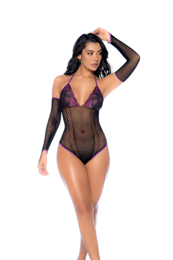 whispered lace fishnet bodysuit os black/purple