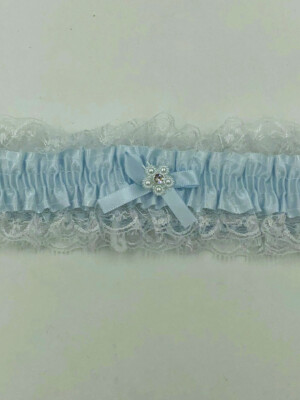satin leg garter one size baby blue with white lace