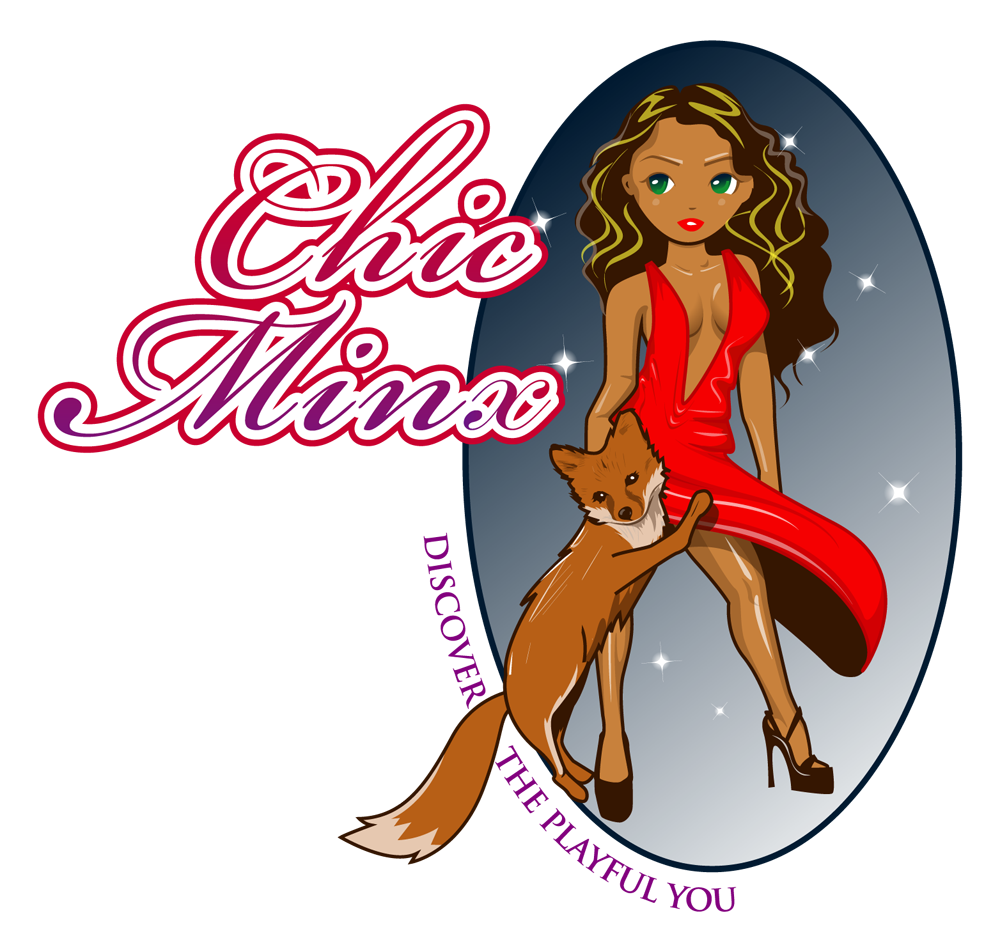 Chic Minx Logo Beautiful lady avatar in gorgeous red dress with a Mix Fox leaning on her