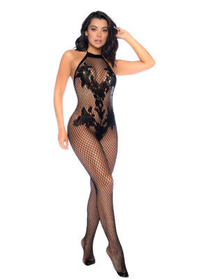 vino noir floral fishnet bodystocking os black
