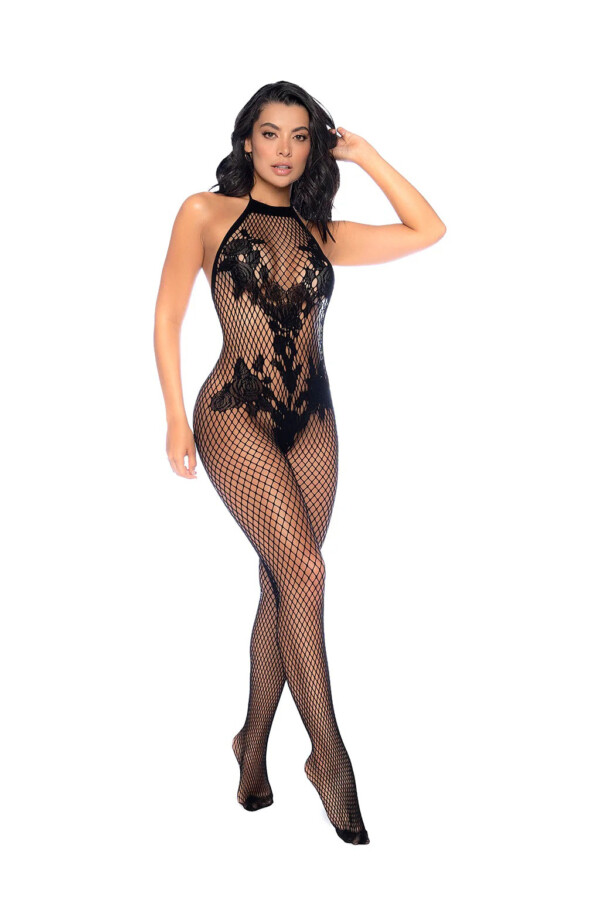 vino noir floral fishnet bodystocking os black