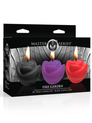 fire garden 3pc rose candle set black, purple, red