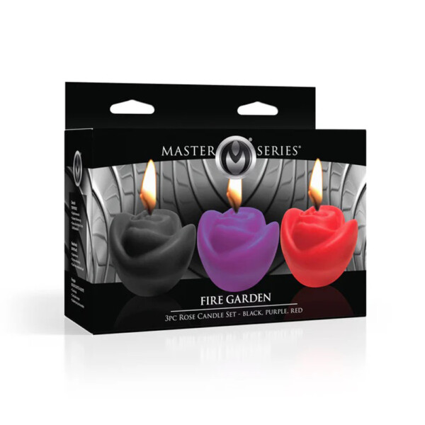 fire garden 3pc rose candle set black, purple, red