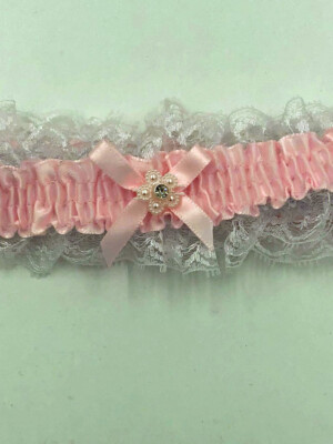 satin leg garter one size baby pink with white lace