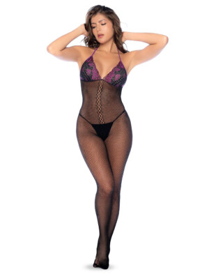 whispered lace fishnet bodystocking os black/purple