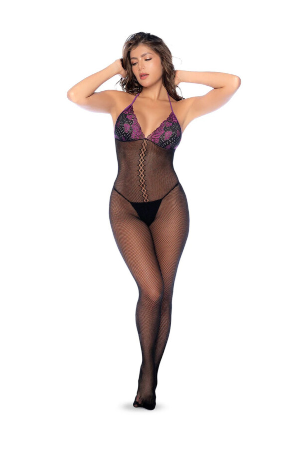 whispered lace fishnet bodystocking os black/purple whispered lace fishnet bodystocking os black/purple