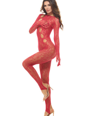 split up lace bodystocking red os