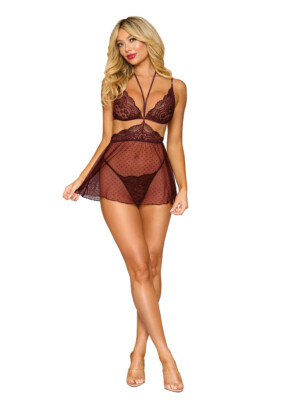 bralette, babydoll skirt, and g string dmnd one size cherry lacquer