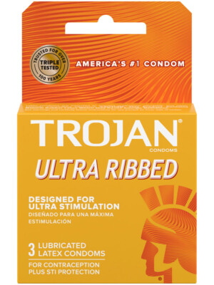 trojan stimulations ultra ribbed lubricated condoms 3 pack