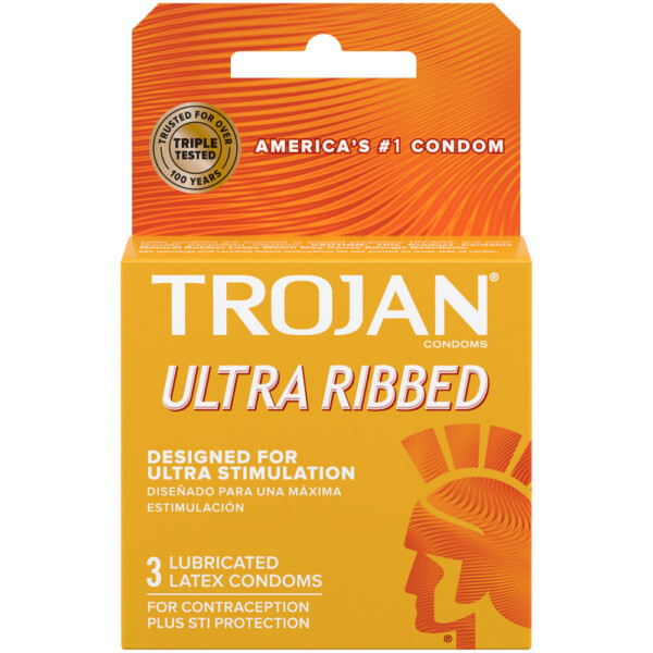 trojan stimulations ultra ribbed lubricated condoms 3 pack