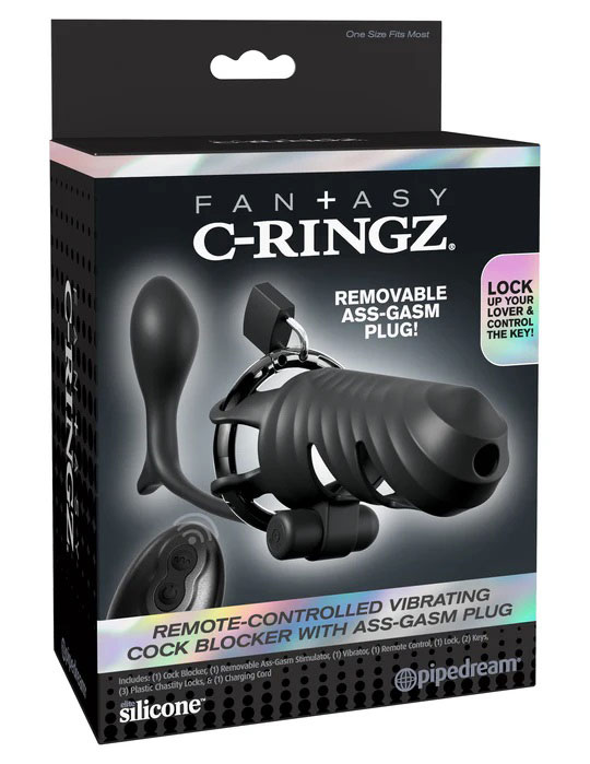 fantasy c ringz remote controlled vibrating cock blocker with ass gasm plug black