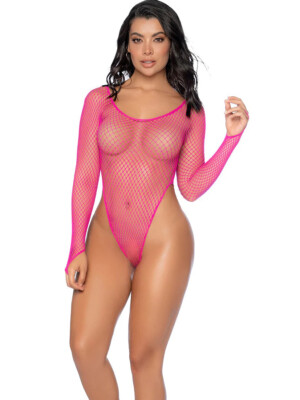 essential fishnet long sleeve bodysuit os neon pink