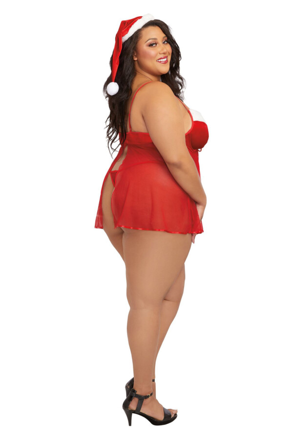 santa babydoll, thong and hat 3x lipstick red
