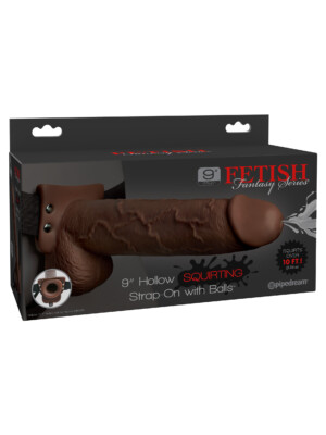 fetish fantasy series 9 inch hollow squirting strap on with balls brown