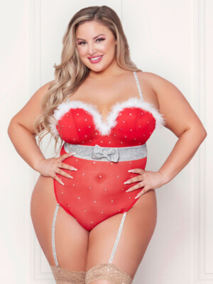 rhinestone studded mesh teddy with marabou trim 3x/4x red