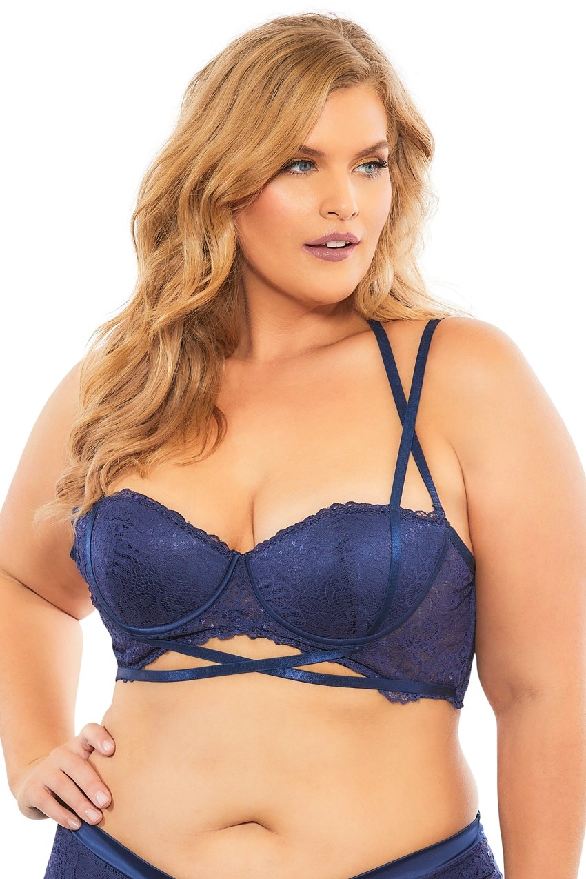 lace push up balconette bra with crossing halter straps estate blue 4x