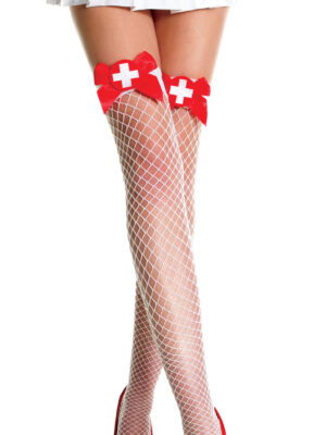 white cross and satin bow spandex mini diamond net thigh hi one size white / red white cross and satin bow spandex mini diamond net thigh hi one size white / red