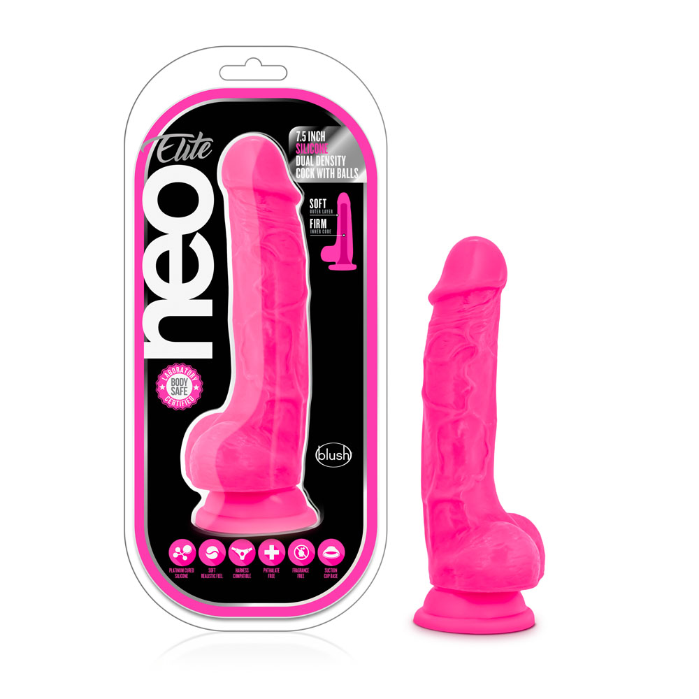 neo elite 7.5 inch silicone dual density cock with balls neon pink