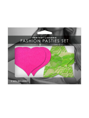 fashion pasties set neon pink satin heart and neon green lace star
