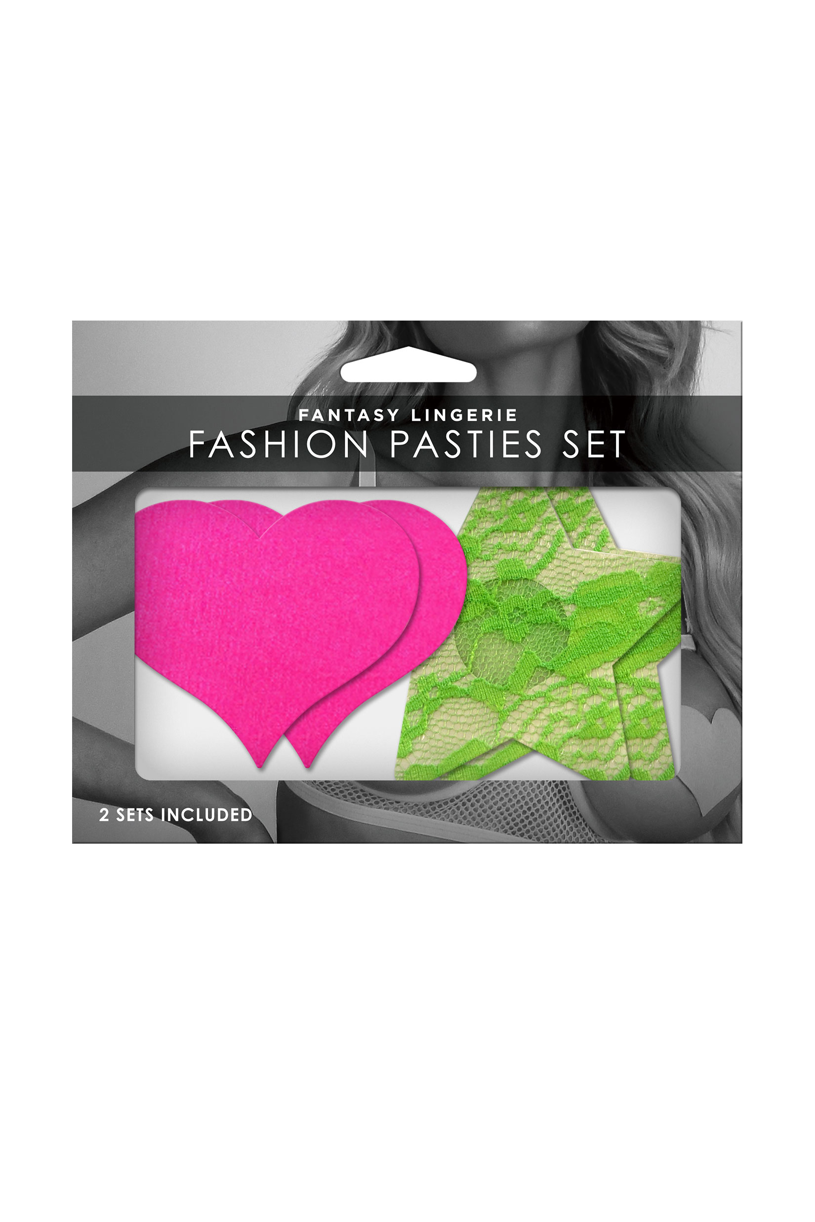 fashion pasties set neon pink satin heart and neon green lace star
