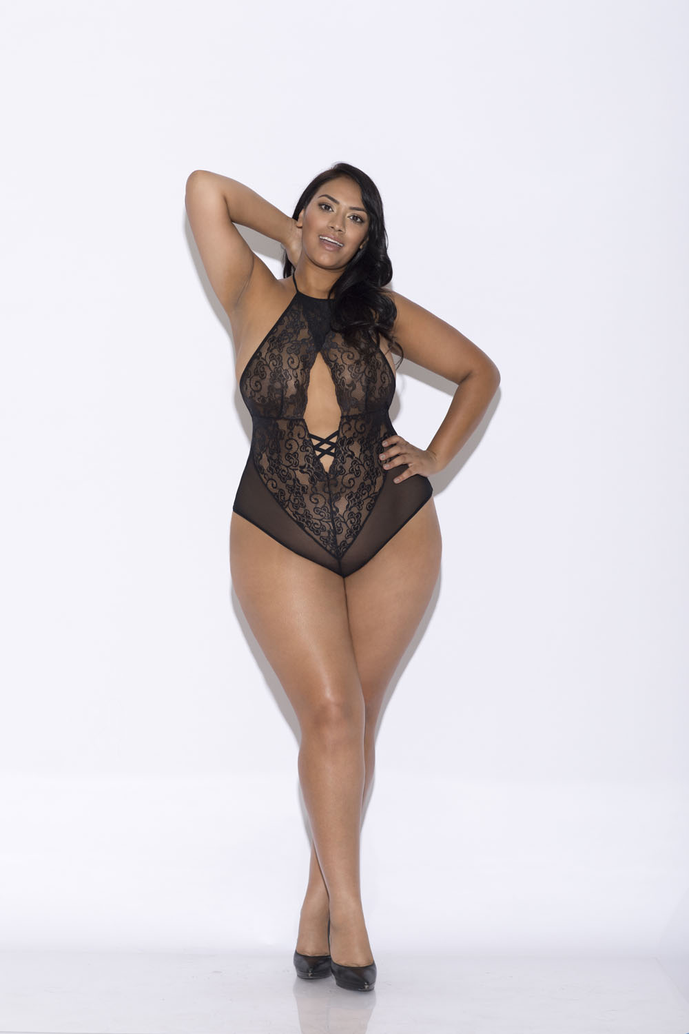 lace and mesh halter teddy queen size black