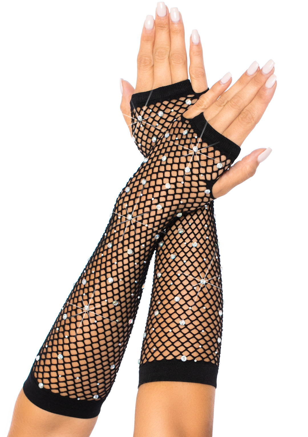 rhinestone fishnet arm warmers black