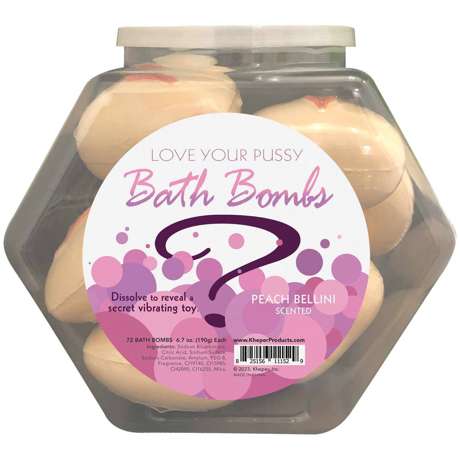 love your pussy bath bomb fishbowl display of 9 units peach bellini