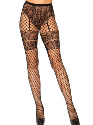 lace french cut faux garter net tights one size black