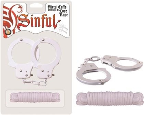 sinful metal cuffs with keys & love rope white