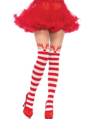 rudolph reindeer opaque striped pantyhose with sheer thigh high accent