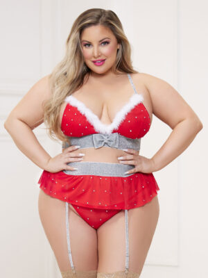 3 pc rhinestone stud bra with marabou trim and garter belt with mesh thong queen red