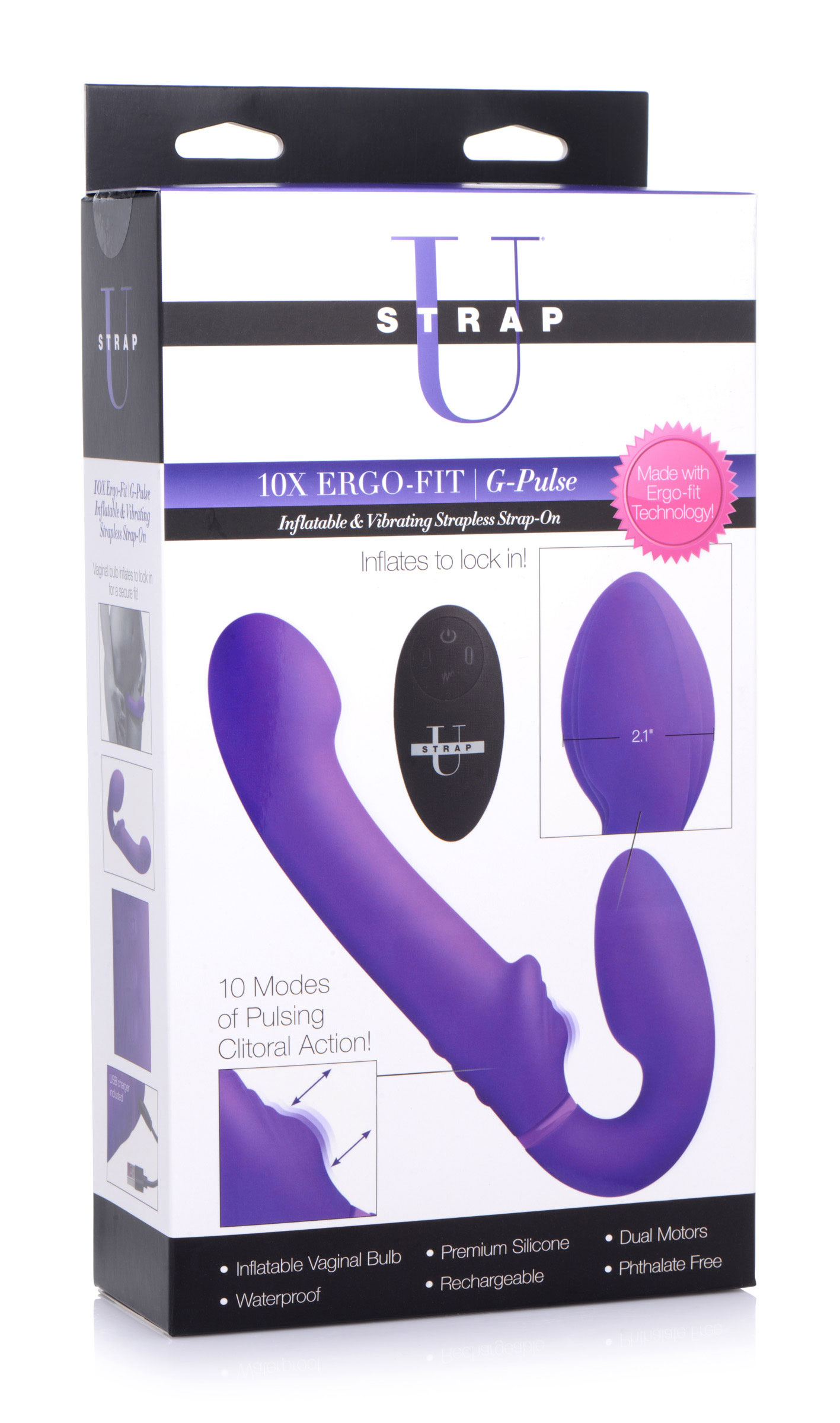 10x ergo fit g pulse inflatable and vibrating strapless strap on purple