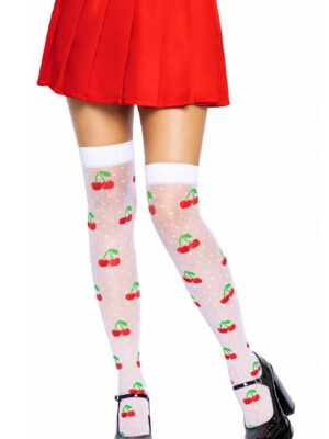 sheer polka dot cherry thigh highs one size white/red