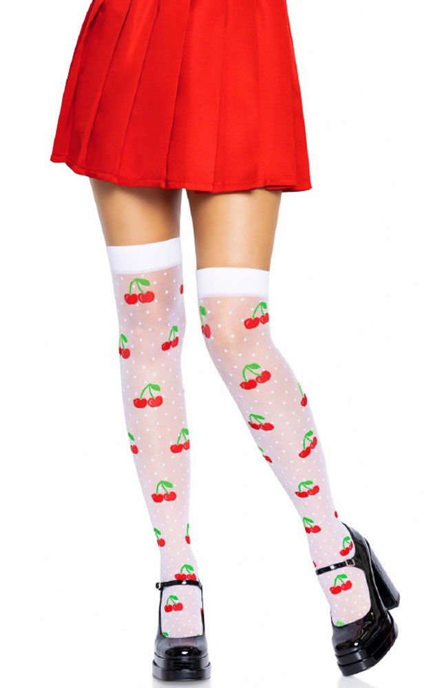 sheer polka dot cherry thigh highs one size white/red