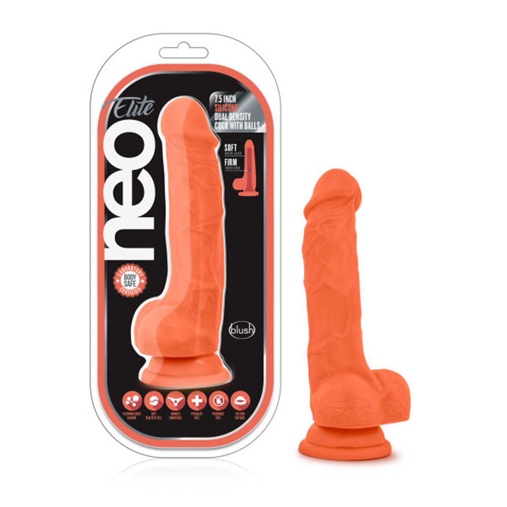 neo elite 7.5 inch silicone dual density cock with balls neon orange neo elite 7.5 inch silicone dual density cock with balls neon orange