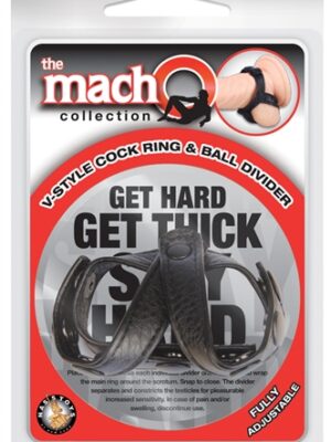 the macho collection v style cock ring and ball divider black