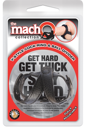 the macho collection v style cock ring and ball divider black