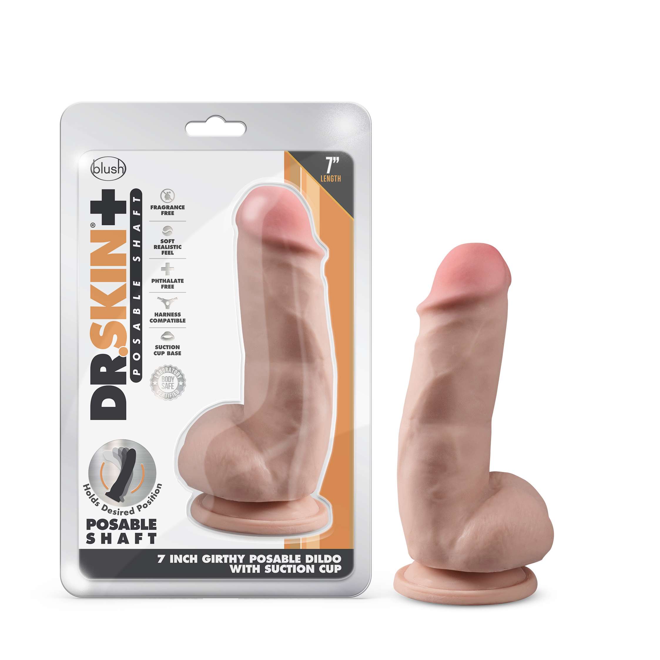dr. skin plus 7 inch girthy posable dildo with balls vanilla