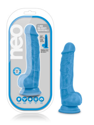 neo 7.5 inch dual density cock with balls neon blue