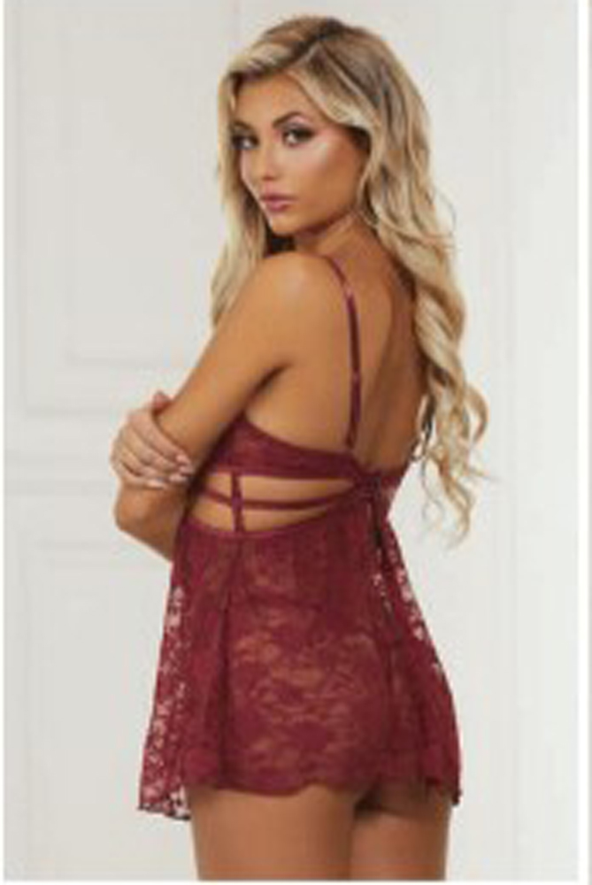 2 pc lace babydoll and g string set one size wine