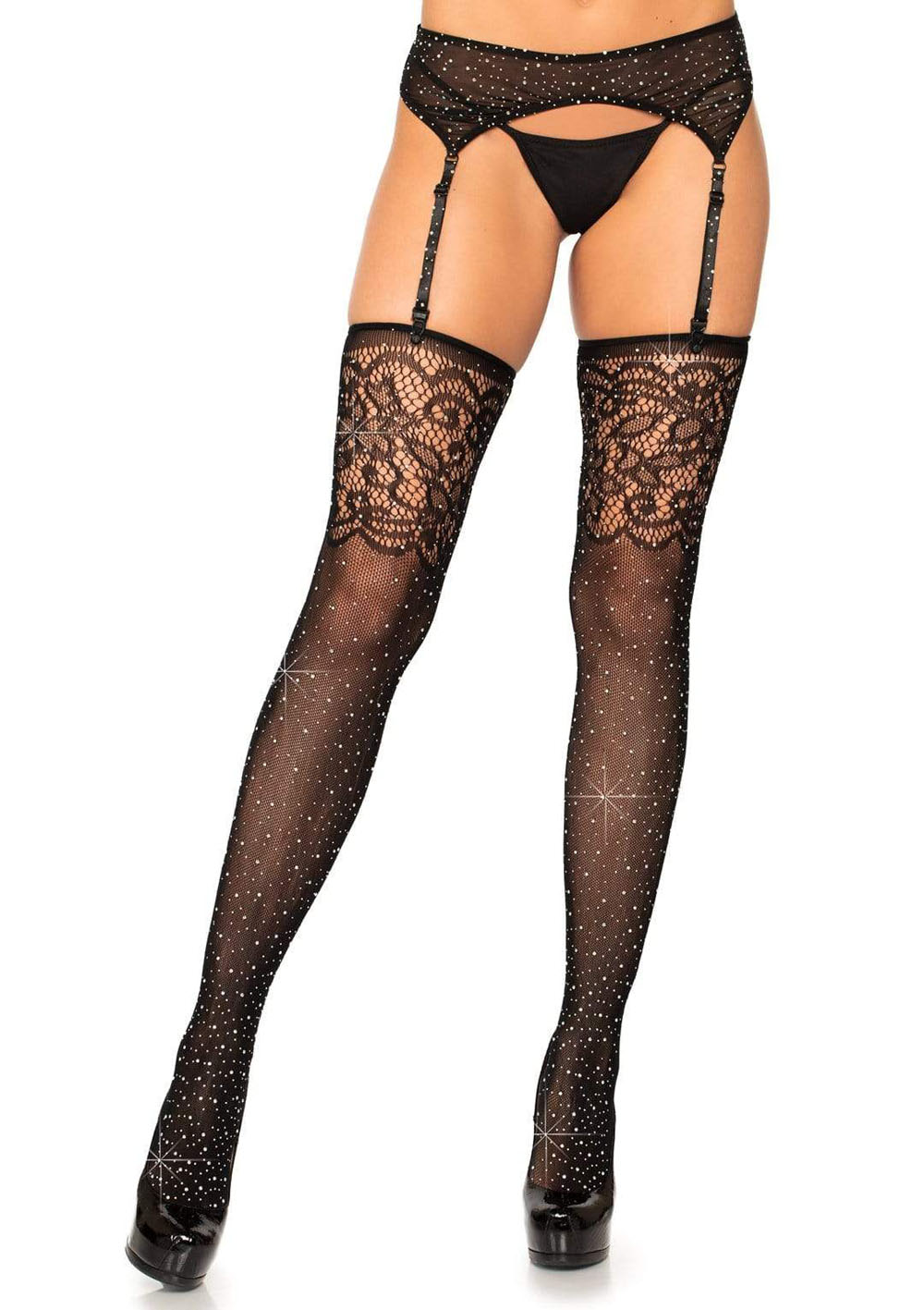 rhinestone lace top fishnet stockings one size black