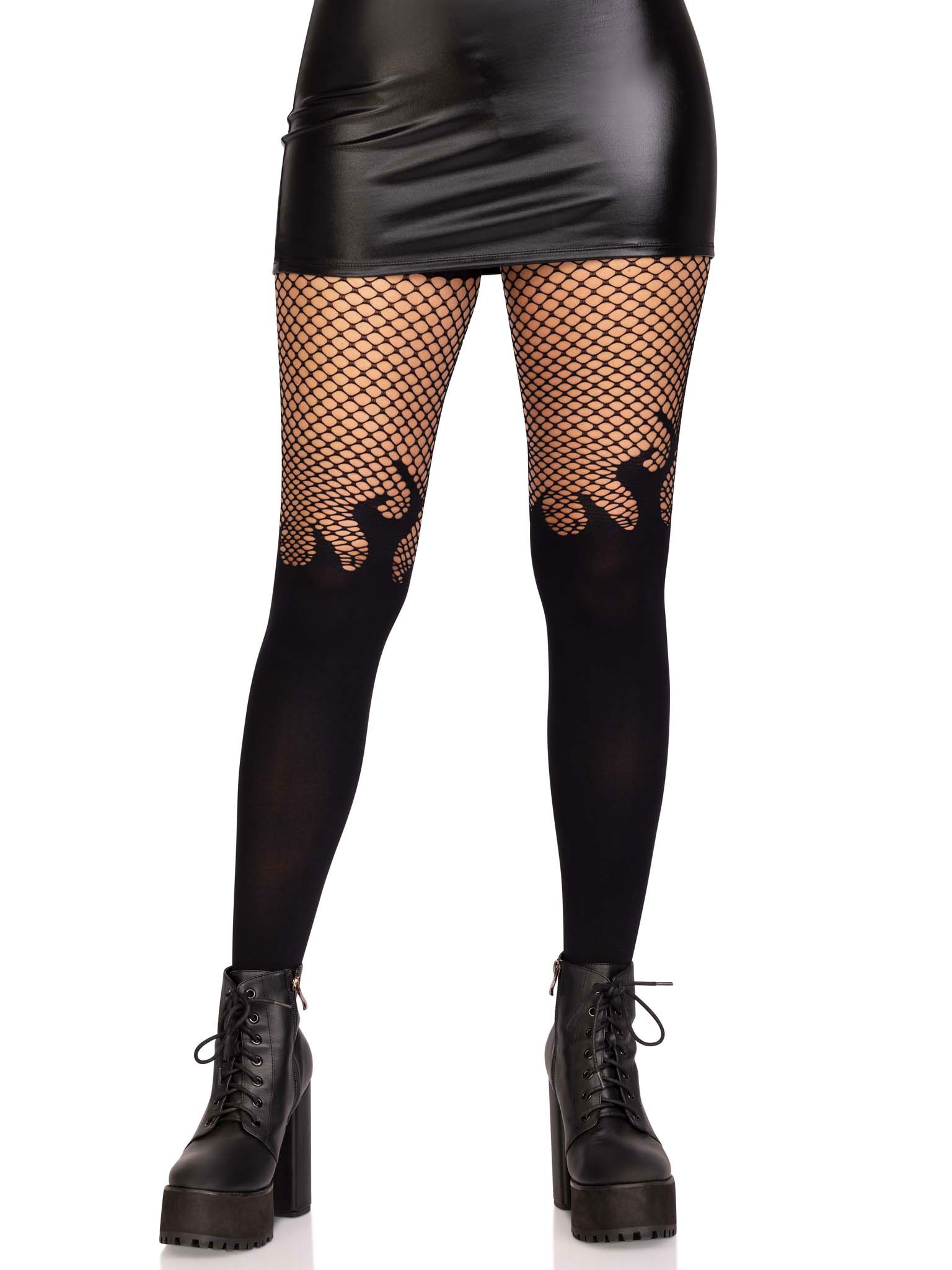 opaque flame tights with fishnet top one size black