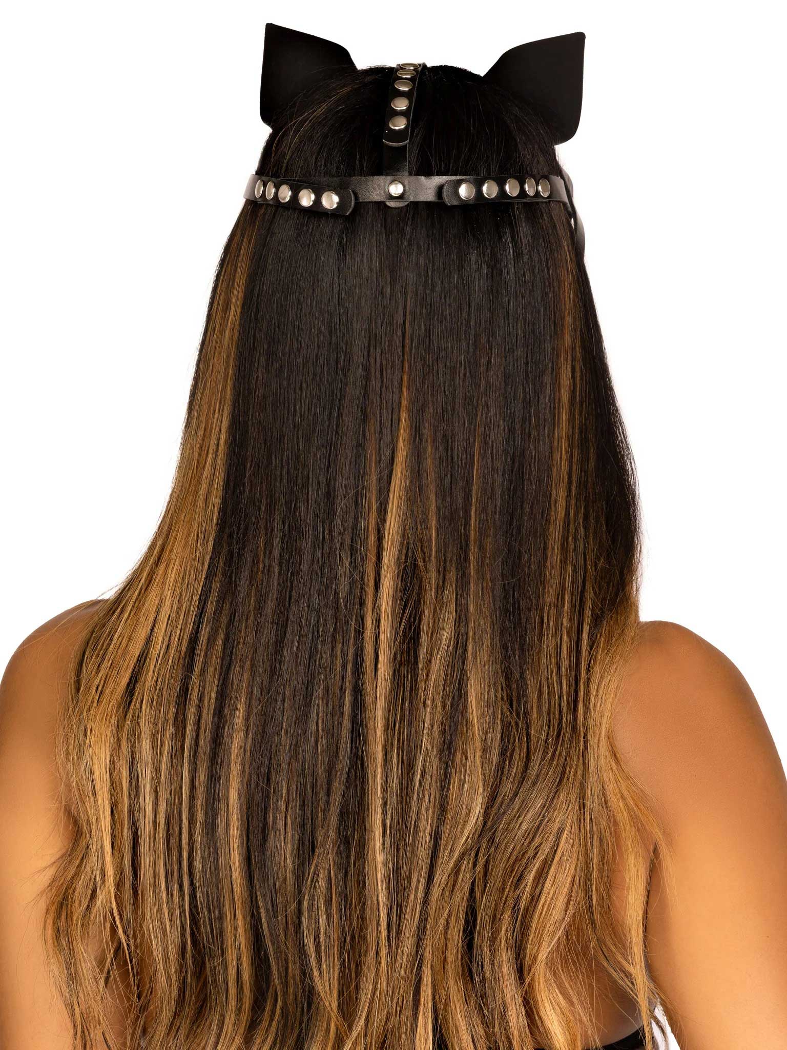 vegan leather studded cat mask black