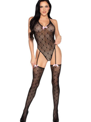 mini heart trimmed heart net teddy with attached stockings os black mini heart trimmed heart net teddy with attached stockings os black