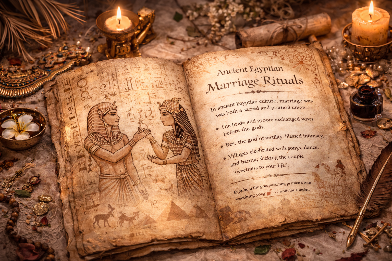 In ancient Egypt, marriage was less about ceremony and more about sacred partnership. There were no formal weddings as we know them today; instead, a union was recognized when a couple chose to live together and share their lives. This simplicity reflected a deeper belief that love, loyalty, and mutual respect were the true foundations of a lasting bond.
Rituals often unfolded within the home, where offerings, shared meals, and symbolic adornments marked the beginning of a life together. Jewelry, oils, and fragrances were not merely decorative, but expressions of devotion and care. Intimacy was viewed as a natural and honored part of union, tied closely to fertility, harmony, and emotional connection.
Rather than performance or spectacle, ancient Egyptian love emphasized presence, partnership, and the quiet understanding between two people choosing one another—daily, intentionally, and without excess. chatgpt image mar 17, 2026 at 11 50 24 pm