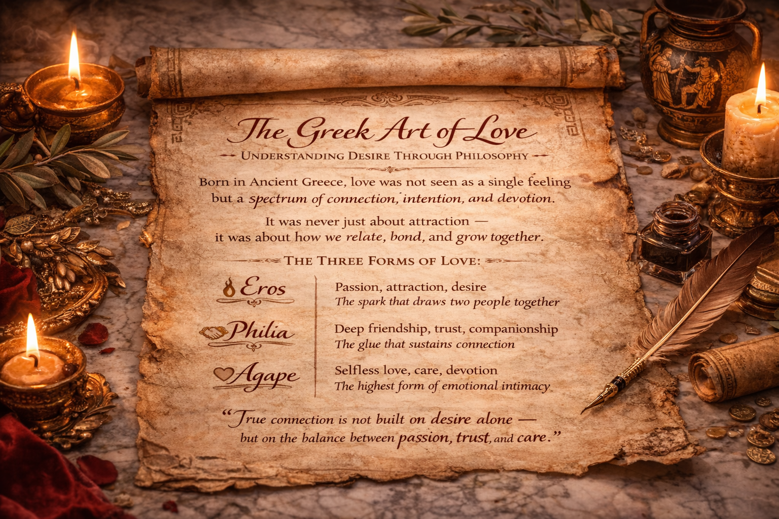 🔥 The Art of Desire.
Understanding Desire Through Philosophy
Born in Ancient Greece, love was not seen as a single feeling
but a spectrum of connection, intention, and devotion.
It was never just about attraction —
it was about how we relate, bond, and grow together.
The Three Forms of Love:
Eros 🔥
Passion, attraction, desire
The spark that draws two people together
Philia 🤝
Deep friendship, trust, companionship
The glue that sustains connection
Agape 🤍
Selfless love, care, devotion
The highest form of emotional intimacy
"True connection is not built on desire alone —
but on the balance between passion, trust, and care."The Greek Art of Love chatgpt image mar 18, 2026 at 11 24 04 pm
