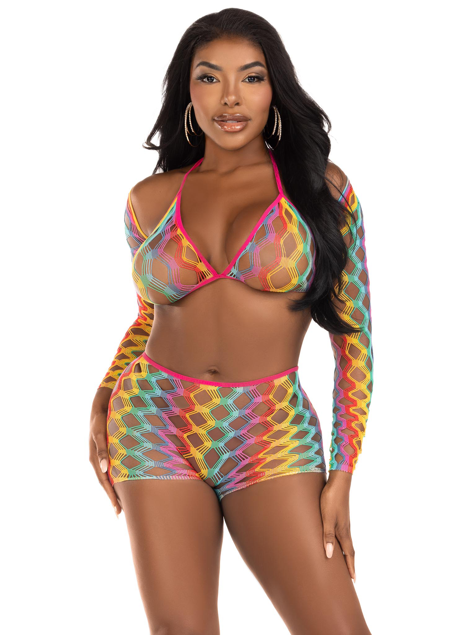 3 pc net bra top with shrug and boy shorts one size multicolor