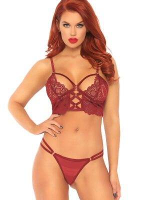 2 pc lace bralette with cage strap o ring bodice detail and matching g string burgandy medium/ large 2 pc lace bralette with cage strap o ring bodice detail and matching g string burgandy medium/ large